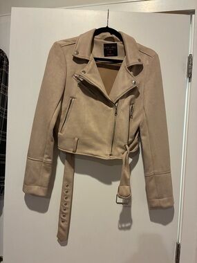 Black Label Beige Suede-Style Belted Moto Jacket